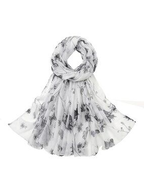 Women's White Black Flower Hijab Cotton Voile Wrap for Spring Fall Scarf Shawl